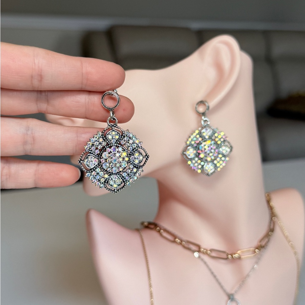 Silver-Tone Crystal Cluster Drop Earrings - Picture 3 of 9
